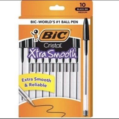 BIC Cristal Extra Smooth Ball Pen, Black Pens, Pack of 10 ( Combine Shipping )