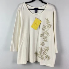 Denim & Co. Ivory T Shirt With Gold Floral Embroidery Size 3X Beaded 3/4 Sleeve