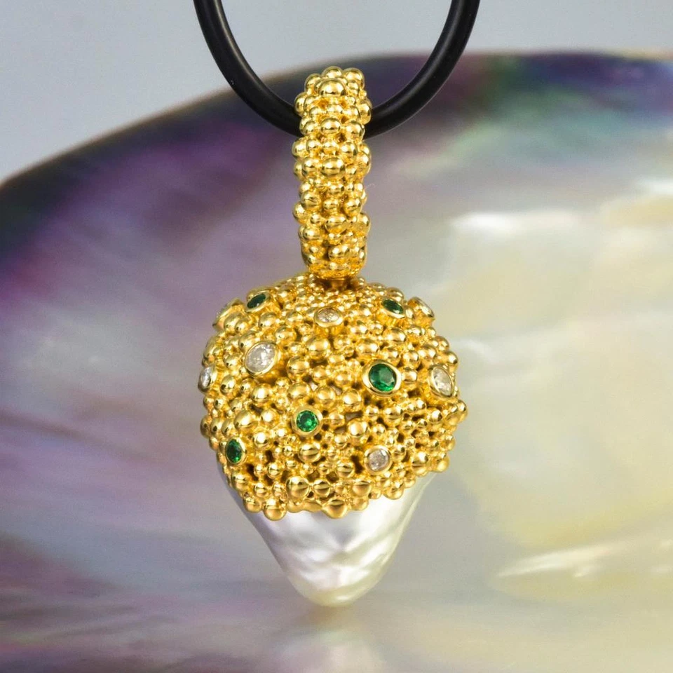 Gigantische South Sea Pearl Pendant, Gold Vermeil Sterling Diamant & Smaragd - Bild 2 von 4