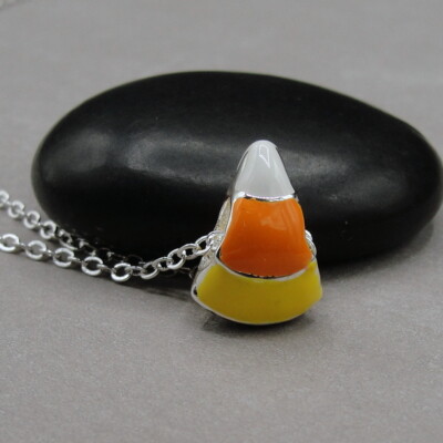 Candy Corn Necklace - Silver Candy Corn Charm - Halloween Candy Jewelry NEW