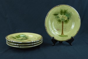 Tabletops-Unlimited-Bora-Bora-Set-Of-4-Dinner-Plates-Palm-Tree-Bamboo-Trim-Tan