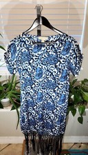 Michael Kors Paisley Fringe Shift Dress Heritage Blue Women's Medium 33" Long