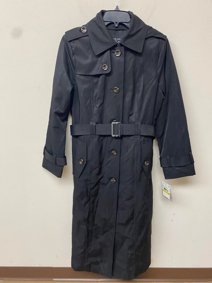 Gabardina London Fog para mujer negra con capucha y cinturón cuello maxi punta talla M nueva con etiquetas