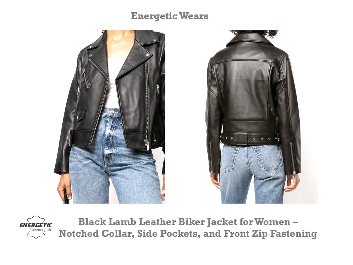 Black Lamb Leather Biker Jacket – Notched Collar, Side Pockets