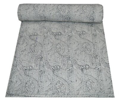 Hand Block Print Twin Cotton Kantha Quilt Throw Blanket Bedspread Indian Gudari