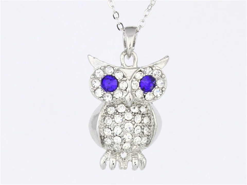 Clear Rhinestone Crystal Horned Owl with Blue Eyes Pendant Necklace P908 - Image 2 of 3