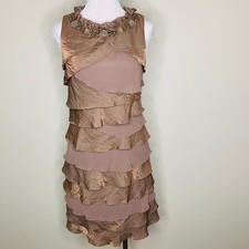 Frank Lyman Dress 6 Womens Jeweled Neck Brown Metallic Tiered Cocktail Party