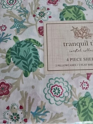 QUEEN sheet set Turtle beach cottage ocean theme sea shells star fish floral NEW