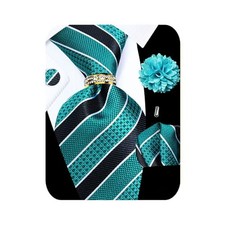 5PCS Mens Silk Tie, Pocket Square, Cufflinks, Blue Striped Tie Set -266 6