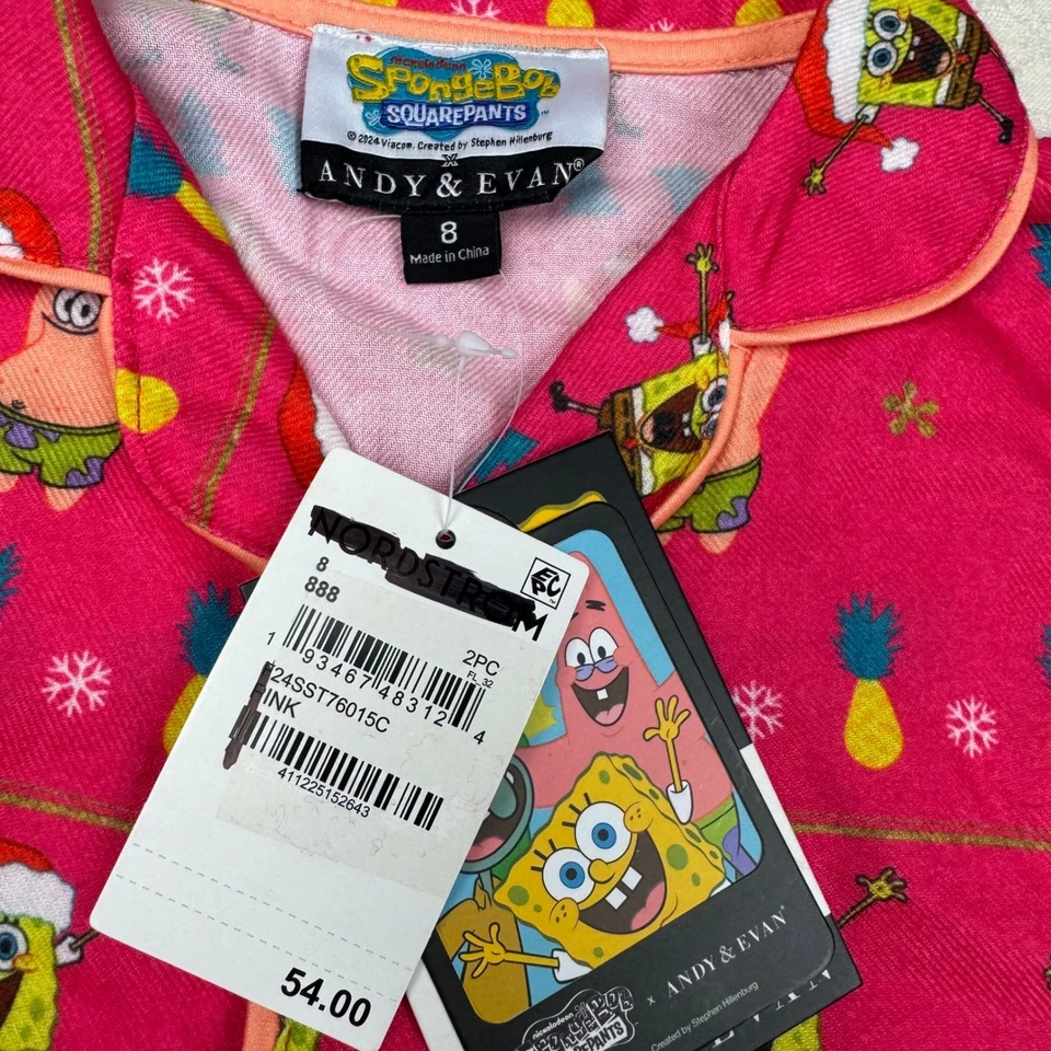 Conjunto de pijama infantil Andy & Evan Bob Esponja calça quadrada tamanho 8 rosa Natal aconchegante - Imagem 3 de 4
