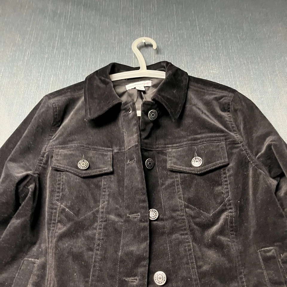 Chaqueta para mujer Isaac Mizrahi Live talla 6 negra de terciopelo con botones bolsillos delanteros de abrigo Foto 2 de 4