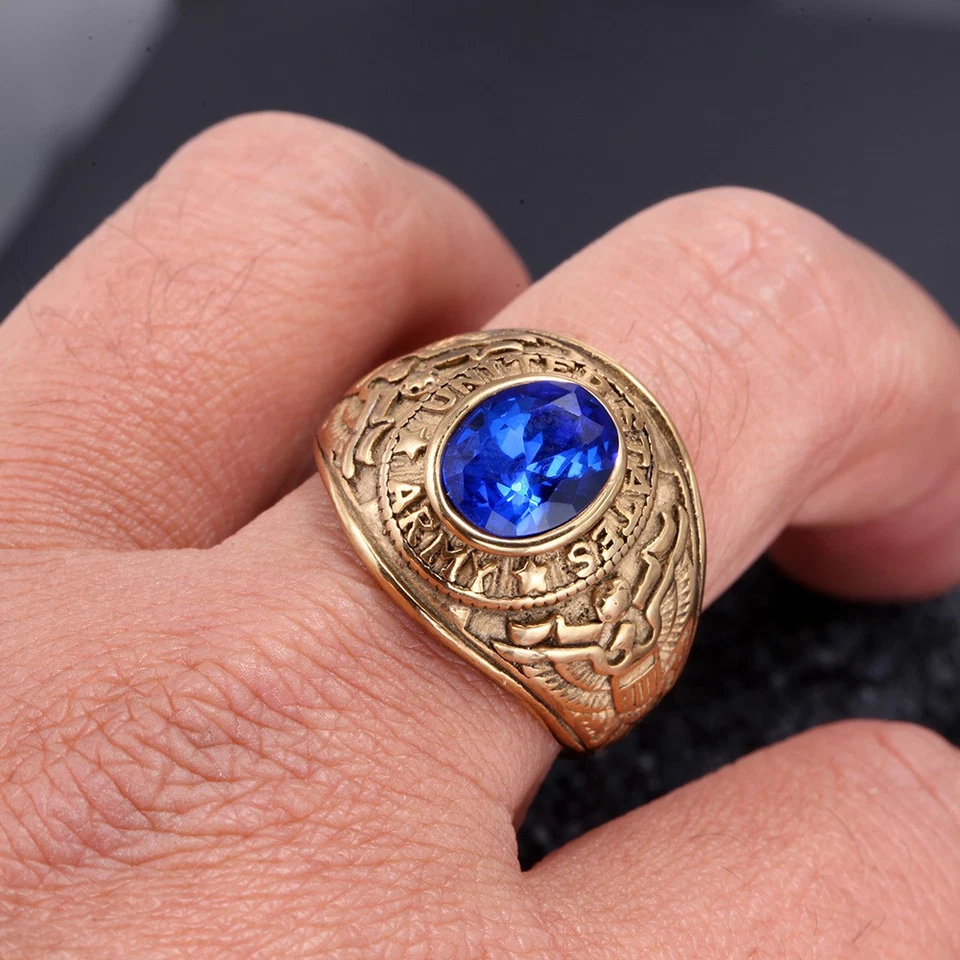 Men's US Army Gold Plated Ring Blue Cubic Gem Vintage Military Jewelry - Image 2 of 4