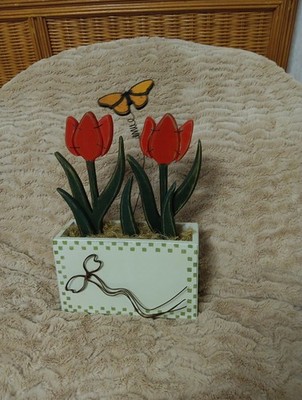 Wooden Pair Red Tulip Flowers in Wood Box  Décor W/ Butterfly Ohio Wholesale