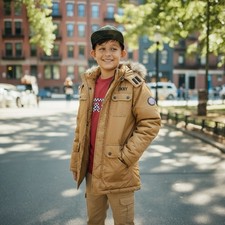 DKNY Boys' Brown Faux Fur Trim Hooded Winter Parka - L