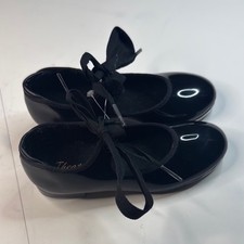 Theatricals "Tap Star" Ribbon Tie Tap Shoes Black Patent Girls 9 1/2 M NEW