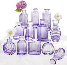 Glass Bud Vases Set of 12, Small Purple Vase Glass Vases for Flowers Modern Ribb