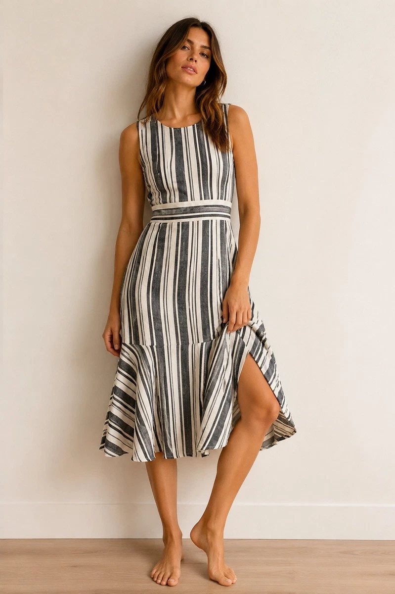 j crew striped linen dress Cross-back Beach Dress In Striped Linen-cotton Blend For Women