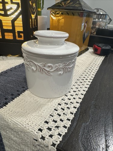 French Country Original Butter Bell Crock; White Linen, L. Tremain