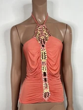 Vtg ROBERTO CAVALLI 2005 SALMON PINK CRYSTAL HALTER TOP L