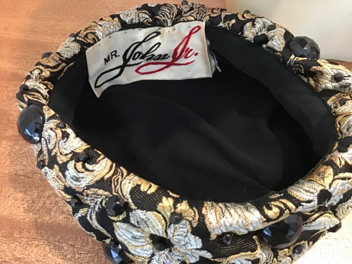 70s VTG MR JOHN JR BLACK GOLD GRAY JEWELED TURBAN LADIES HAT  display picture 3
