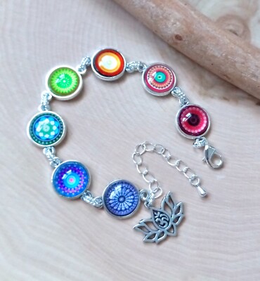 Yoga Bracelet, Chakra Jewelry, Glass Mandala, Yantra, Cabochon, Silver Charms