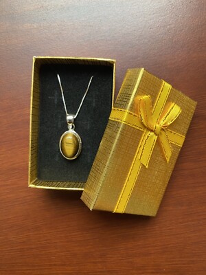 SS925 Oval Framed Tigers Eye Pendant Necklace, Box Chain, Fortune Stone!