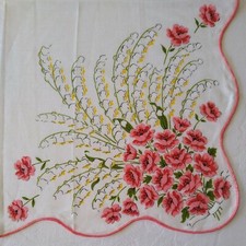 16" Vtg Hankie Bouquet Lily Valley Red Pink Yellow Scalloped Edge 21JO08 H130 