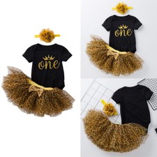Newborn Baby Girls 1st Birthday Romper Tops Tutu Skirt Headband Outfits Dress Up