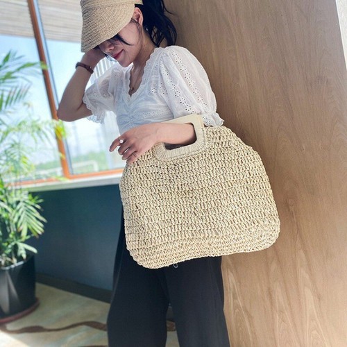 Borsa donna paglia borsetta quadrata spiaggia tessuto tracolla grande capacità zip tote - Foto 12 di 14