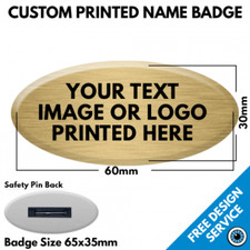 65mm x 35mm Oval Custom Name Badges • Printed Badge • Metal & Safety Pin Back