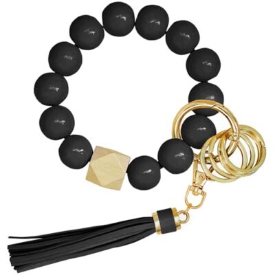 Wristlet Keychain with 4 Key Rings Wooden Beaded Bracelet Key Chain Black