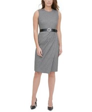 CALVIN KLEIN Women's Size 10 Faux-Wrap Dress w/Logo Belt, Sleeveless Career Midi