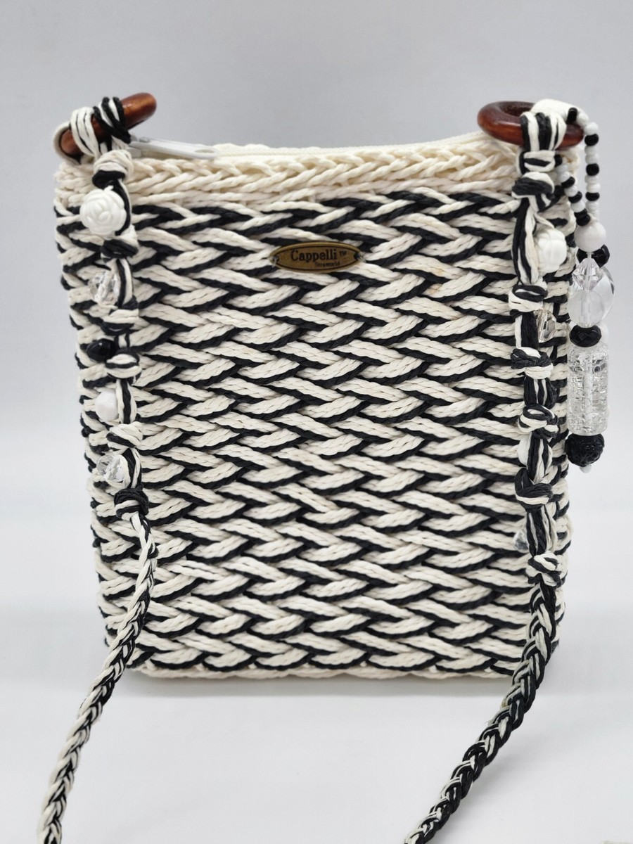 Cappelli Straworld White/Black Glass Beaded Crossbody Purse Boho
