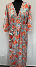 Women's Short Sleeve Midi Dress Size L Orange Blue Polyester