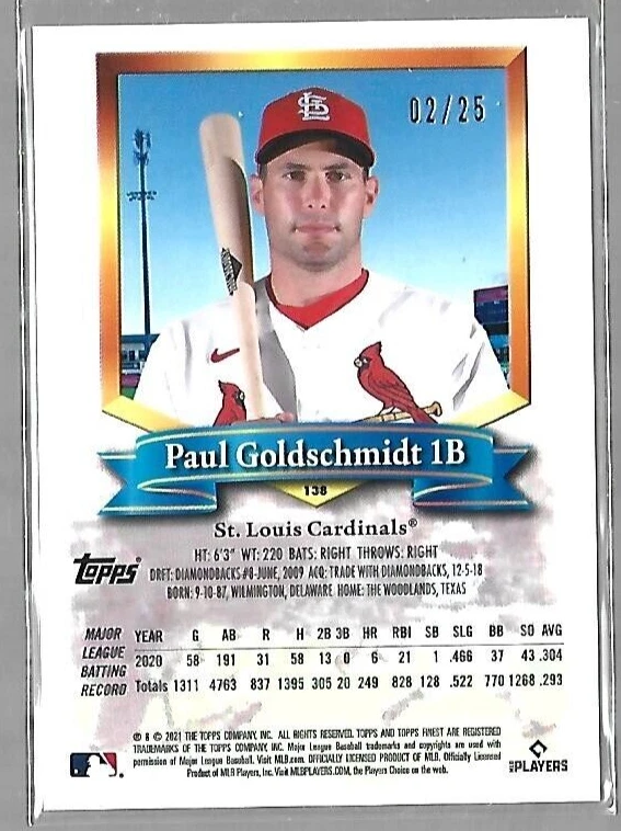 PAUL GOLDSCHMIDT   2021 Topps Finest  #138  BLACK REFRACTOR  /25  Cardinals - Image 2 of 2