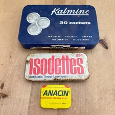 Lot 3 Vtg Medicine Tins, Kalmine, Anacin, Isodettes