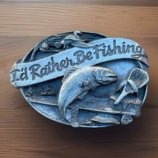VTG 1985 Siskiyou Buckle Co. "I'd Rather Be Fishing" Pewter Belt Buckle