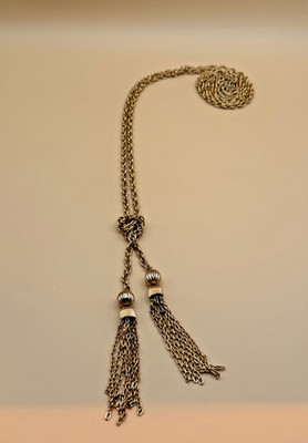   Vintage Gold Tone Tassel Necklace 36  Long Double Chain Lariat Style