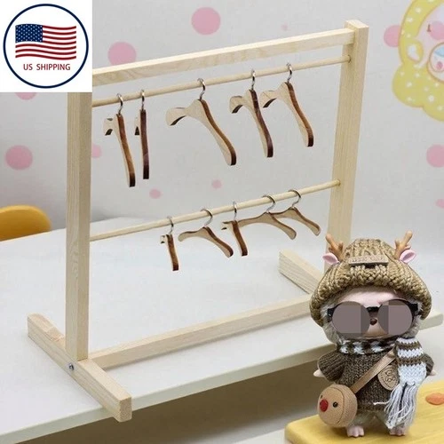Doll Garment Rack for 17cm Doll Miniature Wood Clothes Rack with 6 Mini Hangers - Picture 2 of 8