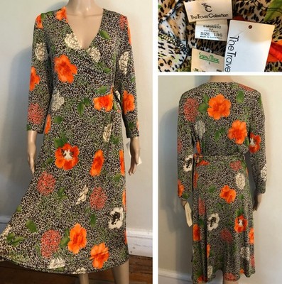 NEW vtg THE TRAVEL COLLECTION Wrap Dress Sz L NWT Leopard Garden Slinky Knit 90s
