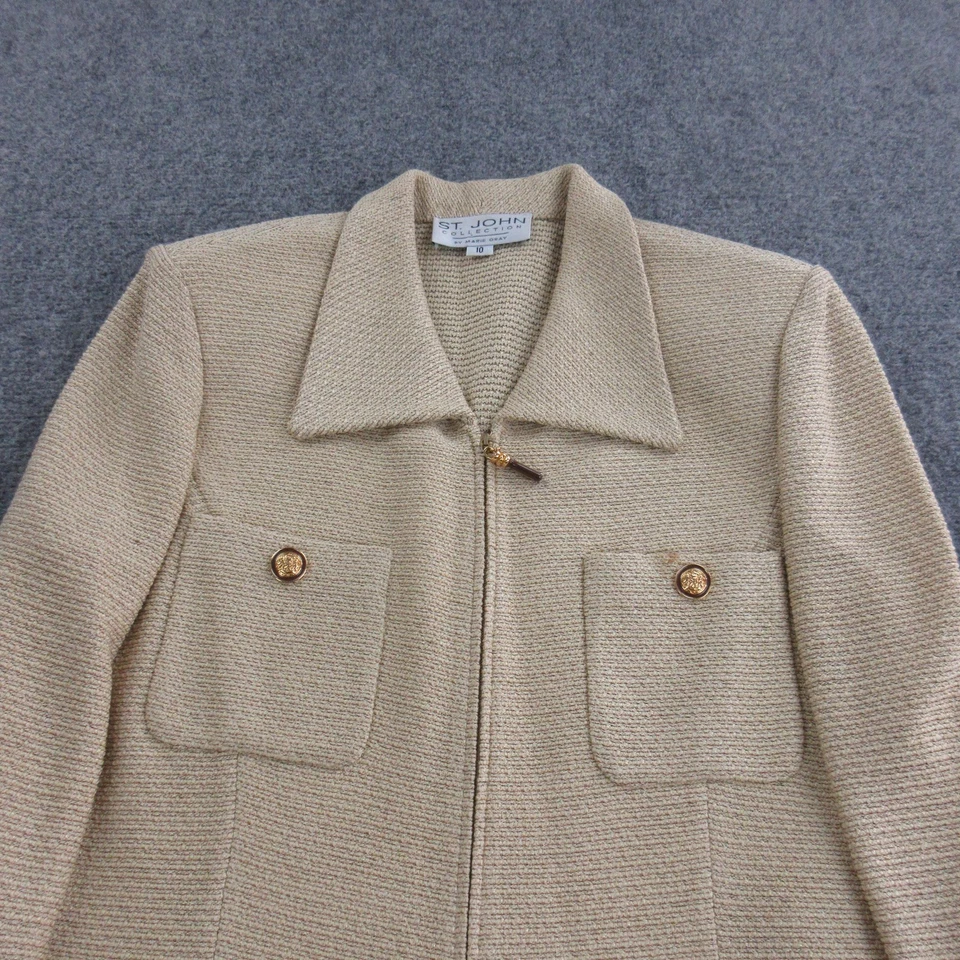 Conjunto de traje falda colección St. John para mujer 10 8 beige chaqueta tejida botones dorados Foto 4 de 4