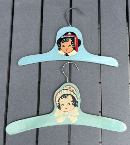 Vintage childs baby nursery painted wood clothes hangers girl boy decals 1930s