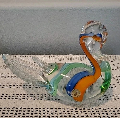 Vtg Large Art Glass Murano Duck Figurine 8"  Blue Orange Murano Sticker Rare