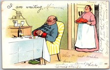 I Am Waiting, 1907 Man At Dining Table & Woman Carrying Roast Turkey, Postcard