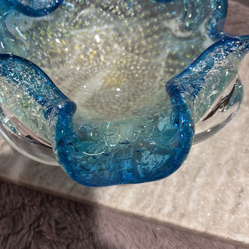 Italian Flower Glass Ashtray Trinket Dish Aqua Blue Silver Gold Flecks Ruffles - Picture 12 of 18