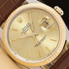 ROLEX MENS DATEJUST 16233 18K GOLD STEEL CHAMPAGNE WATCH w/ BROWN LEATHER BAND