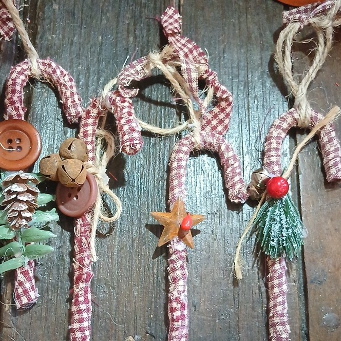 Handmade Rustic Plaid Fabric Candy Cane Ornaments w/ Buttons, Bells, Pinecones …