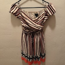 ANNA SUI 100% Silk Shell Striped Off-The-Shoulder Mini Dress Size 3 For Target