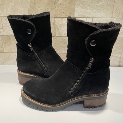 Bertuchi Black Suede Faux Fur Lined Ankle Boots Made in Spain Lug Sole Size 8.5