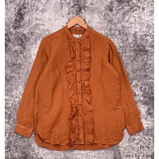 Anthropologie Top XS Womens Pilcro Brown Linen Ruffle Button Up Long Sleeve
